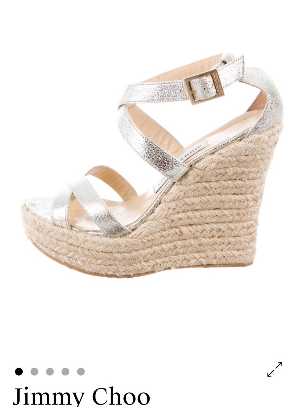 Jimmy Choo Metallic Silver Espadrille Wedge Sandals with Ankle Strap
